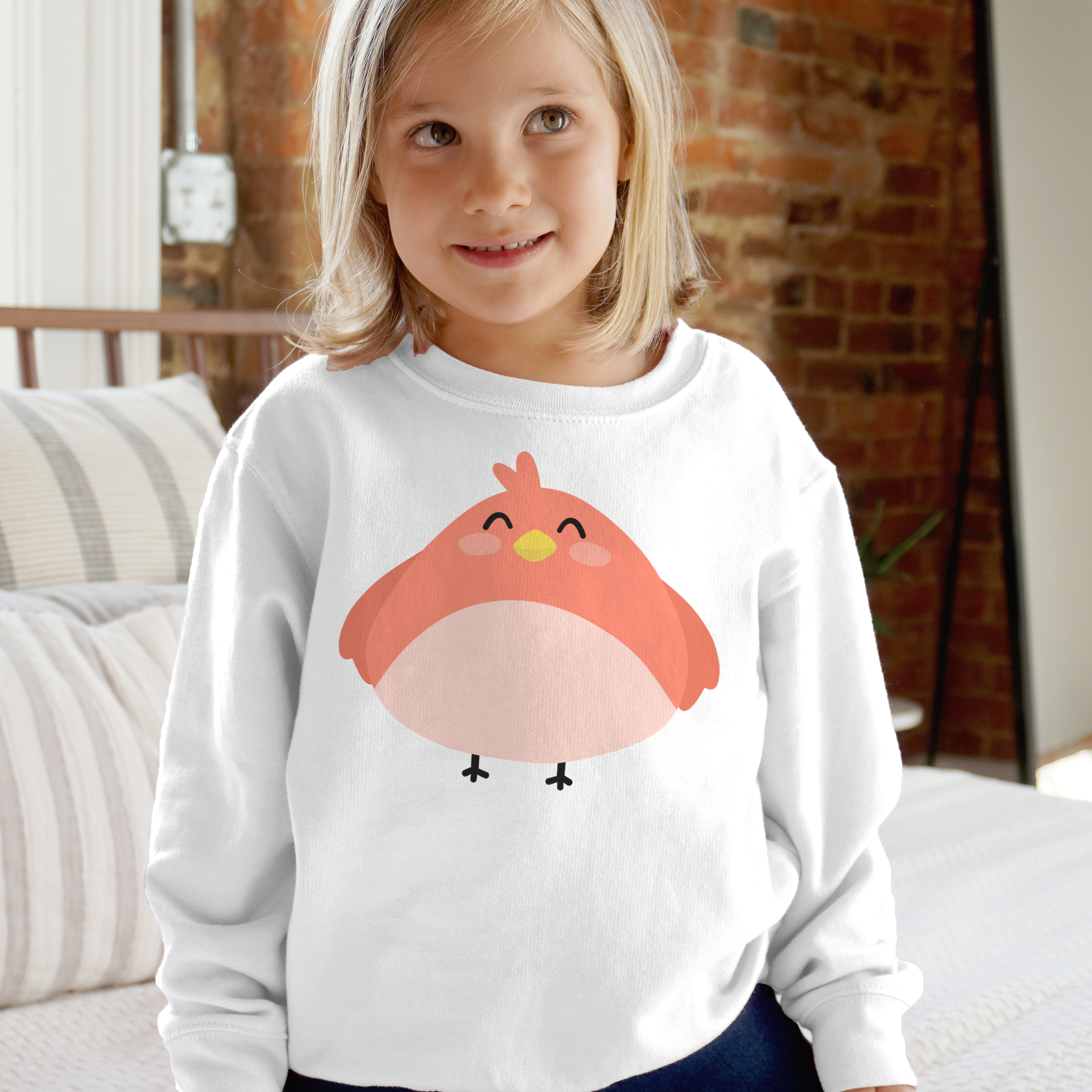 White long-sleeved kids sweatshirt with a cute pink cartoon bird and yellow beak for boys and girls