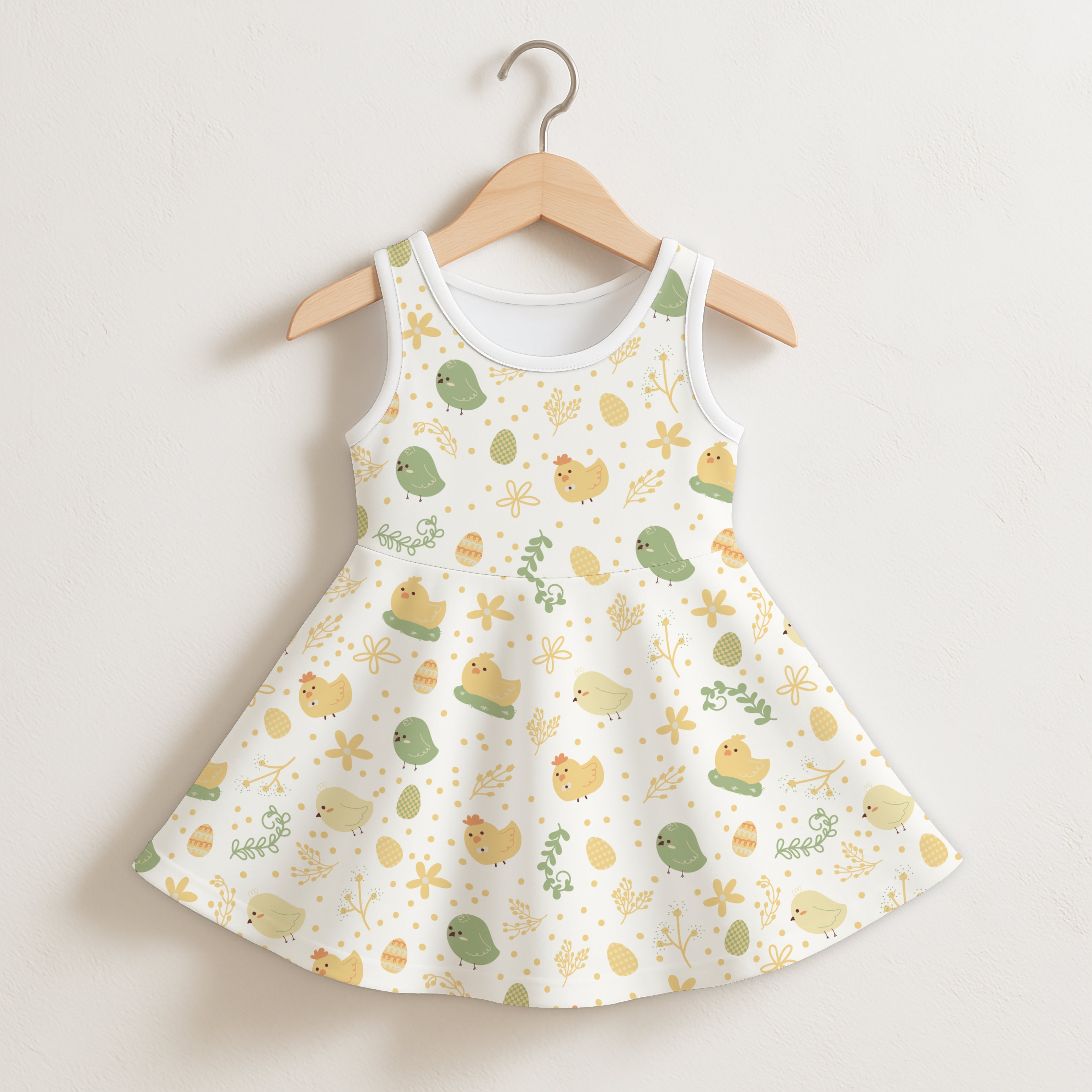 Girls pastel bird and flowers sleeveless dress white with yellow green chick egg floral pattern and flared skirt