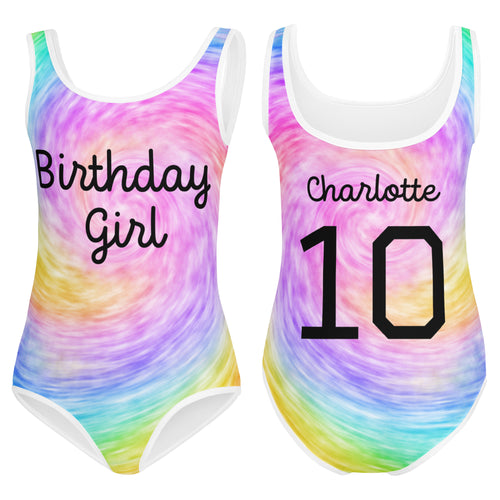 Girls custom age and name rainbow tie dye one-piece swimsuit with white trim and personalized birthday girl text