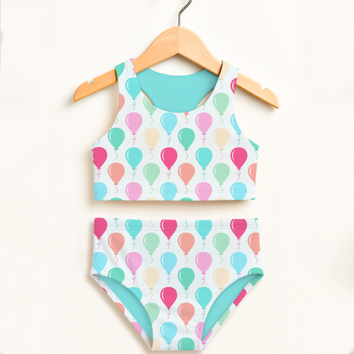 Pastel balloon-print girls birthday balloon two-piece swimsuit with turquoise lining double layered upf 50+ high waisted comfort