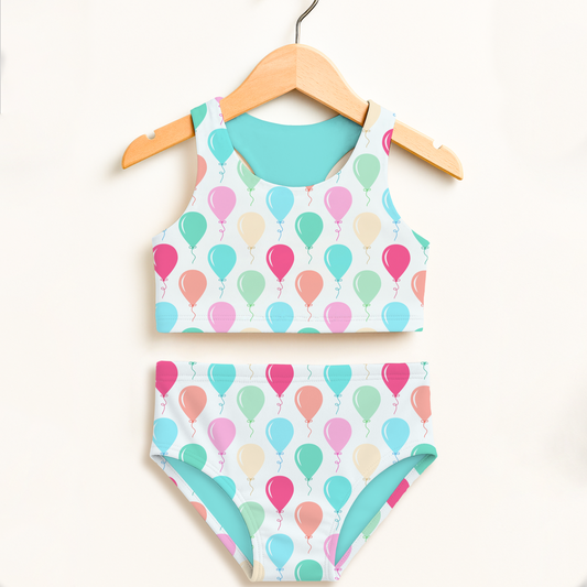 Girls Birthday Balloon Two Piece Swimsuit – High Waisted, Double Layered Comfort