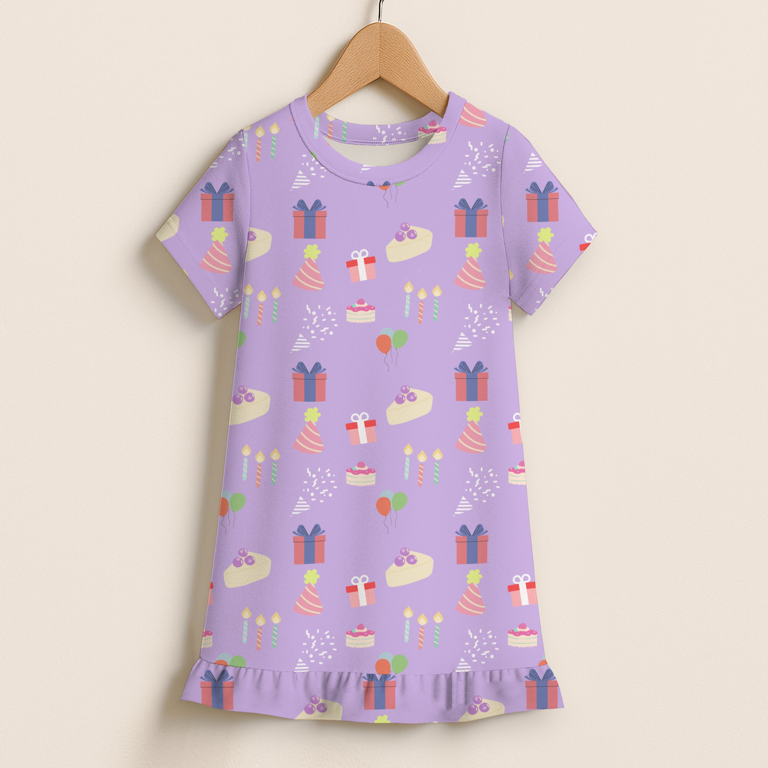Girls birthday party pattern short sleeve lavender nightgown with ruffle hem and pastel birthday-themed illustrations