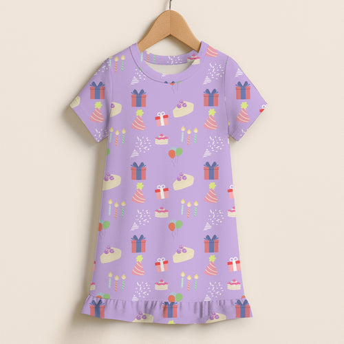 Girls birthday party pattern short sleeve lavender nightgown with ruffle hem and pastel birthday-themed illustrations