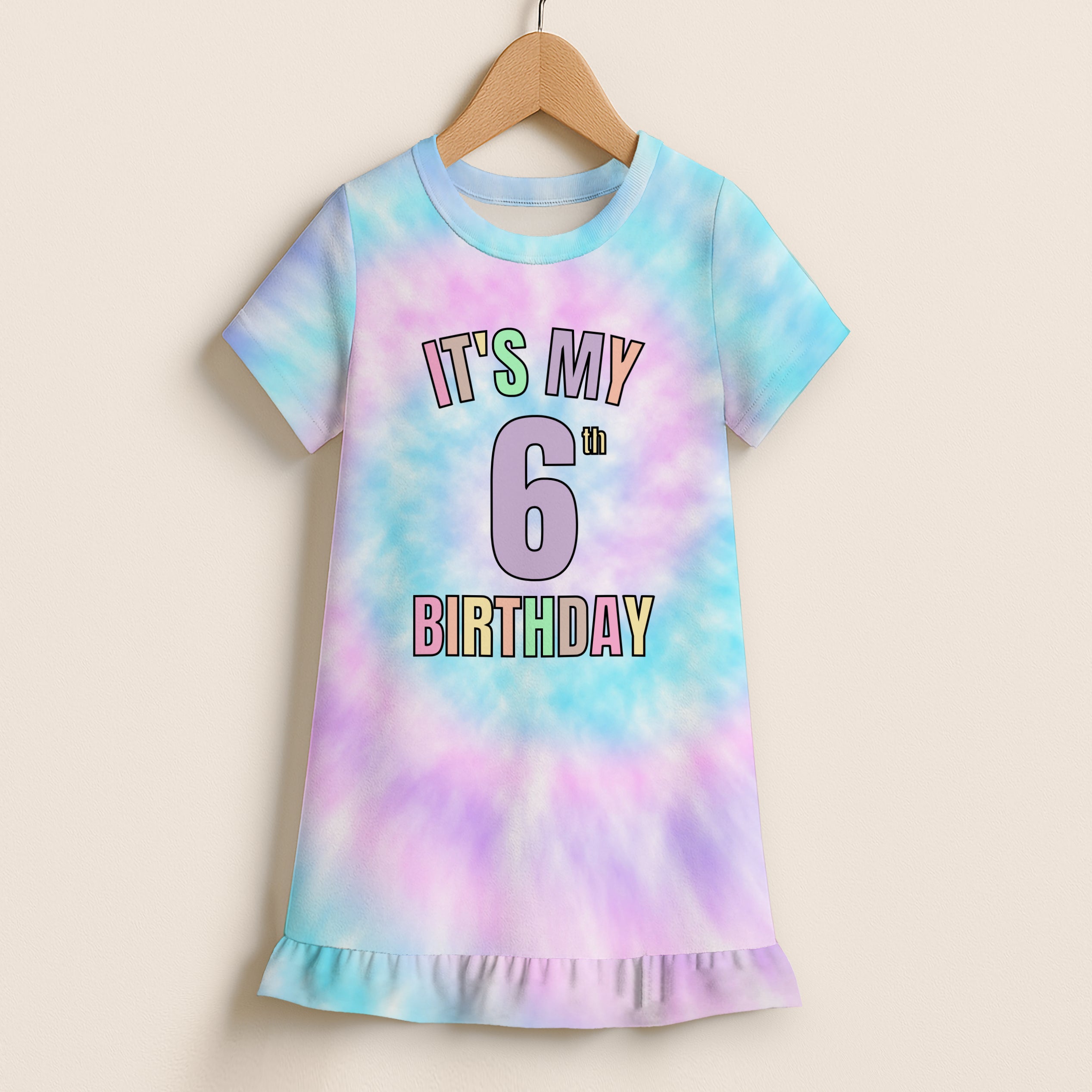 Girls Tie Dye Custom Age 'It's My Birthday' Short Sleeve Ruffle Hem Dress