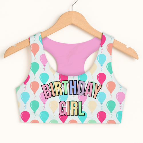 Girls birthday girl balloons sports bra with pastel balloon pattern pink lining quick drying double layered comfort
