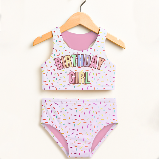 Colorful Sprinkles Birthday Girl Two Piece Swimsuit – High Waisted, Double Layered Comfort