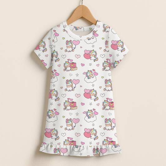 Girls Unicorn Birthday Short Sleeve Ruffle Hem Dress