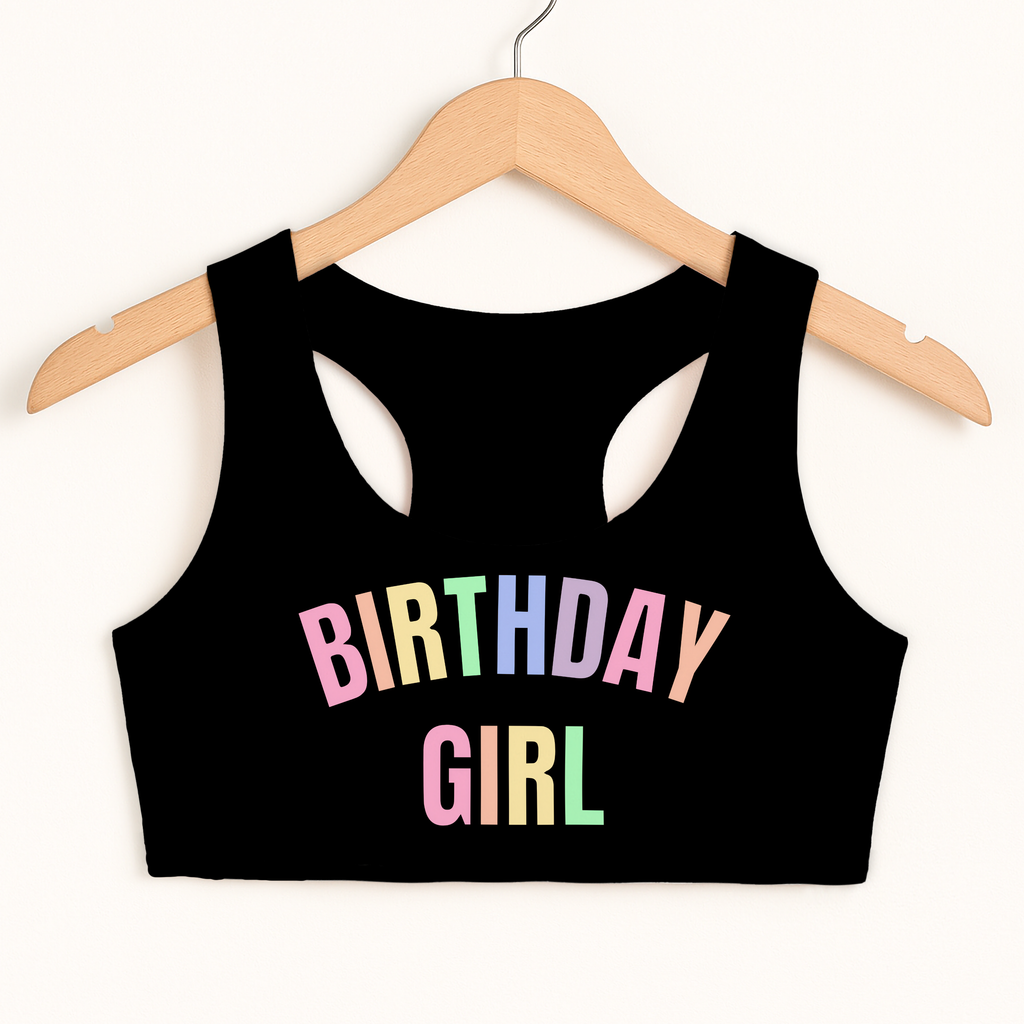 Birthday Girl Pastel Rainbow Font Sports Bra - Quick Drying, Double Layered Comfort