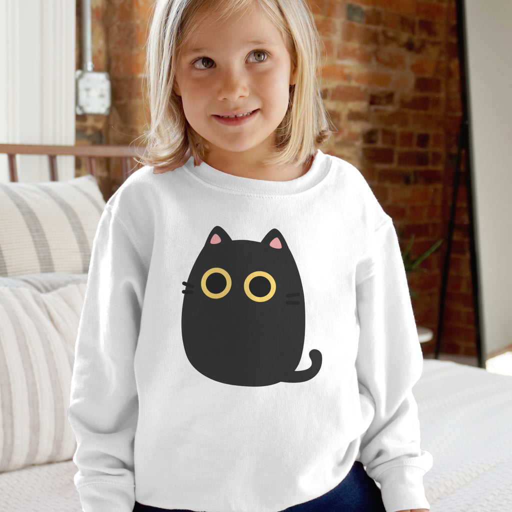 Kids black cat sweatshirt with a white long-sleeved fleece pullover featuring a cute black cartoon cat graphic
