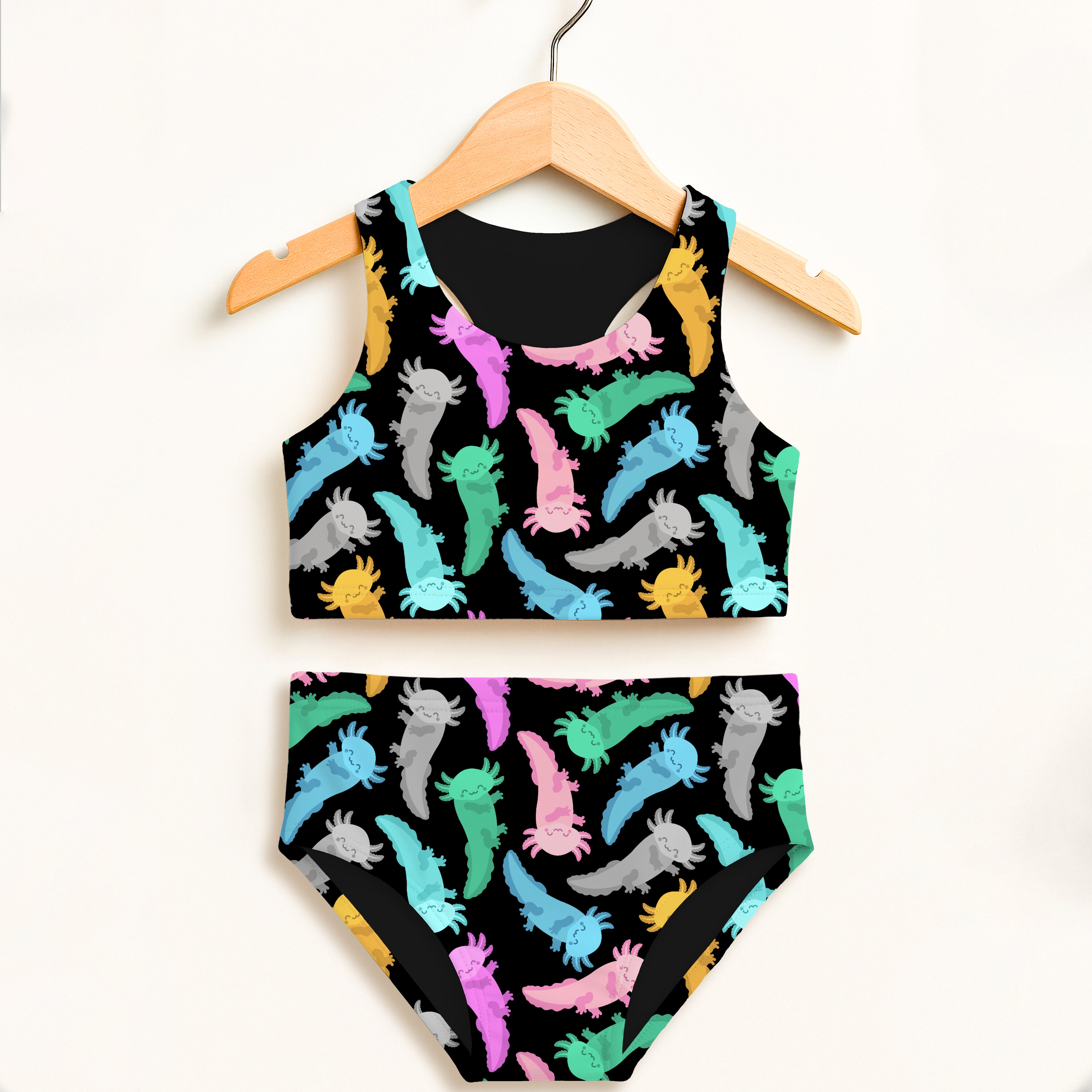 Black two-piece girls swimsuit with colorful cartoon axolotl pattern double layered high waisted upf 50+ comfort