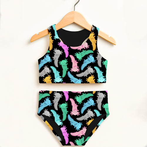 Black two-piece girls swimsuit with colorful cartoon axolotl pattern double layered high waisted upf 50+ comfort