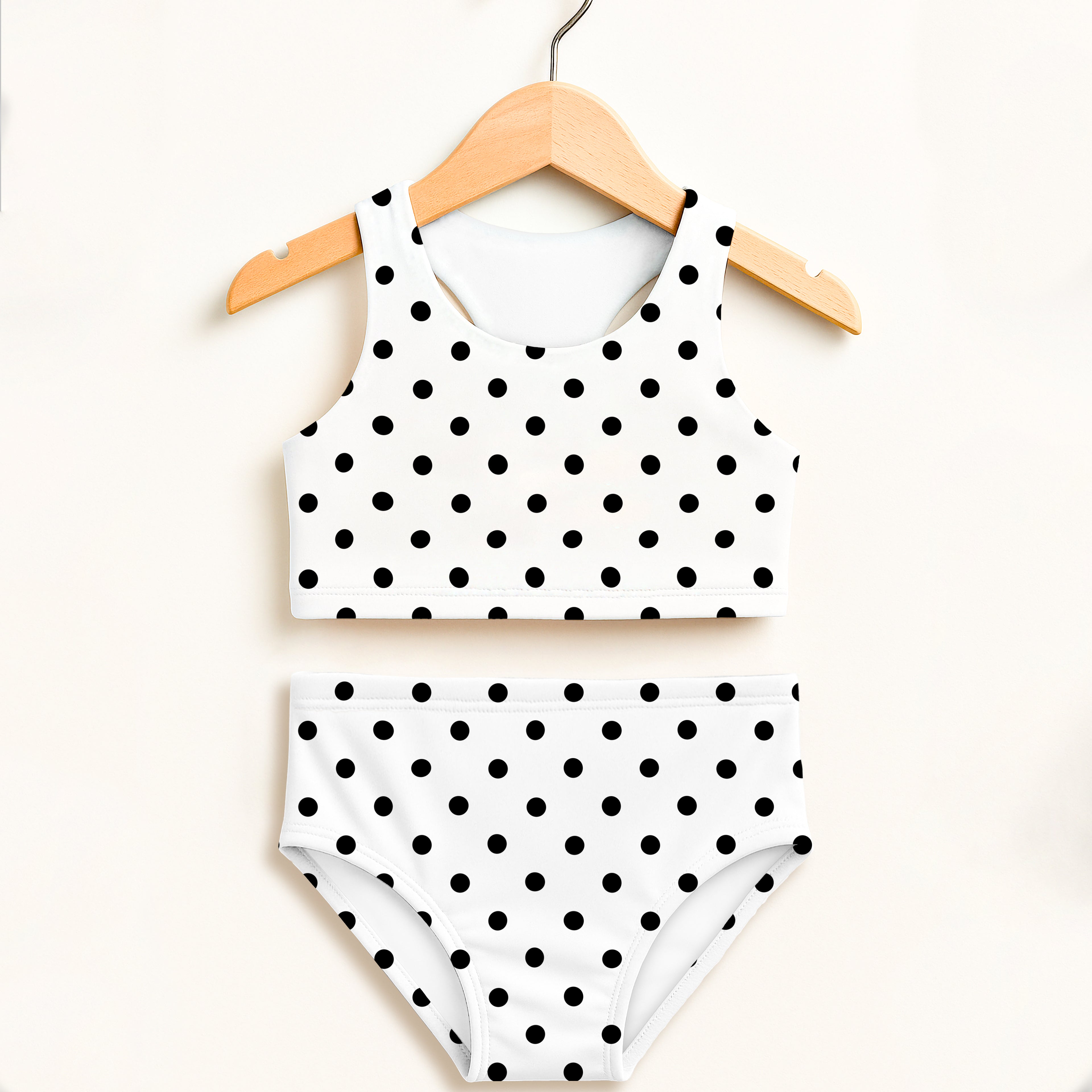 Girls white polka dot two piece swimsuit with halter top high waisted bottoms and double layered upf 50+ comfort
