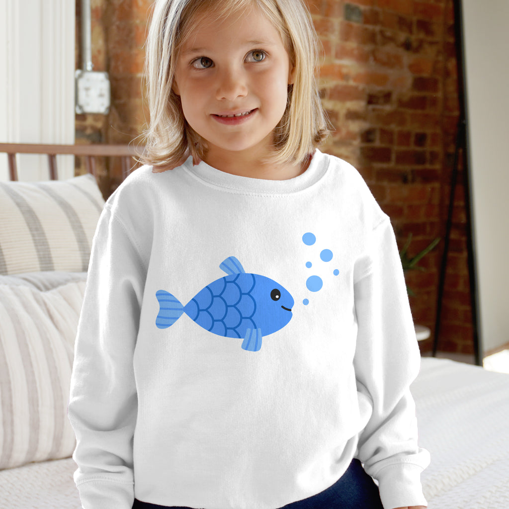 White long-sleeved sweatshirt with a blue cartoon fish and bubbles for kids ocean animal pullover