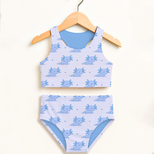 Girls blue axolotl two-piece swimsuit with white base light blue lining double layered upf 50+ high waisted comfort