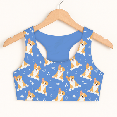 Girls Blue Corgi Dog Sports Bra - Quick Drying, Double Layered Comfort