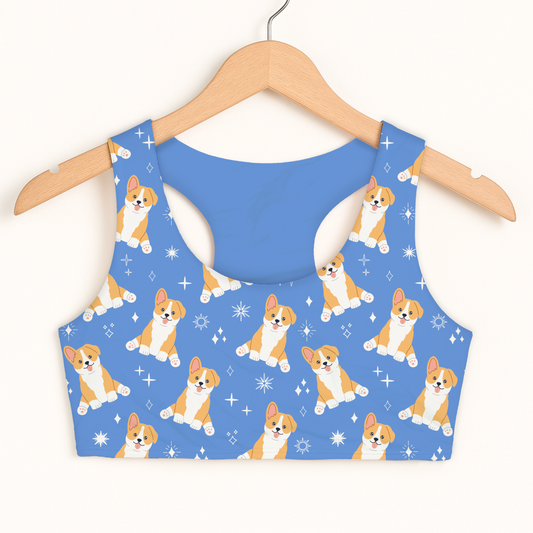 Girls Blue Corgi Dog Sports Bra