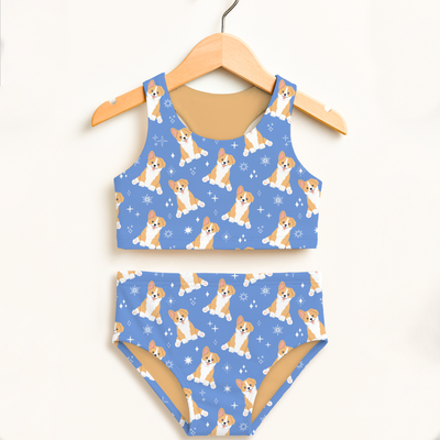 Girls Blue Corgi Dog Two Piece Swimsuit – Double Layered UPF 50+ High Waisted Comfort