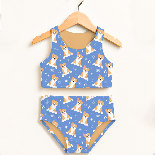 Girls blue corgi dog two piece swimsuit with cartoon pattern double layered UPF 50 plus high waisted comfort