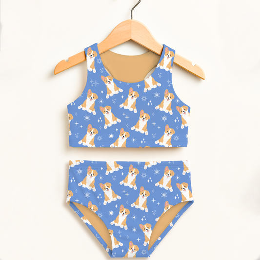 Girls Blue Corgi Dog Two Piece Swimsuit – High Waisted, Double Layered Comfort