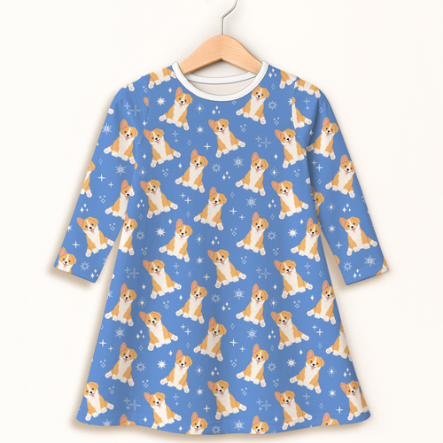 Girls blue long sleeve dress with a repeating orange and white corgi dog pattern and small starburst accents