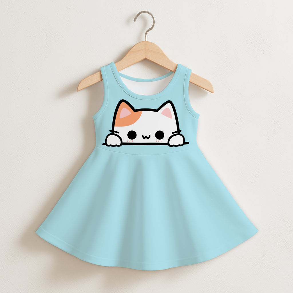 A light blue girls sleeveless dress with a cute cartoon cat peeking over the hem perfect for toddlers