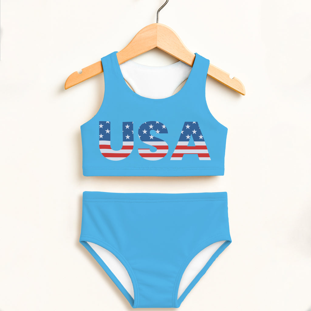 Girls usa two piece swimsuit in light blue with usa flag print top and double layered upf 50+ high waisted comfort