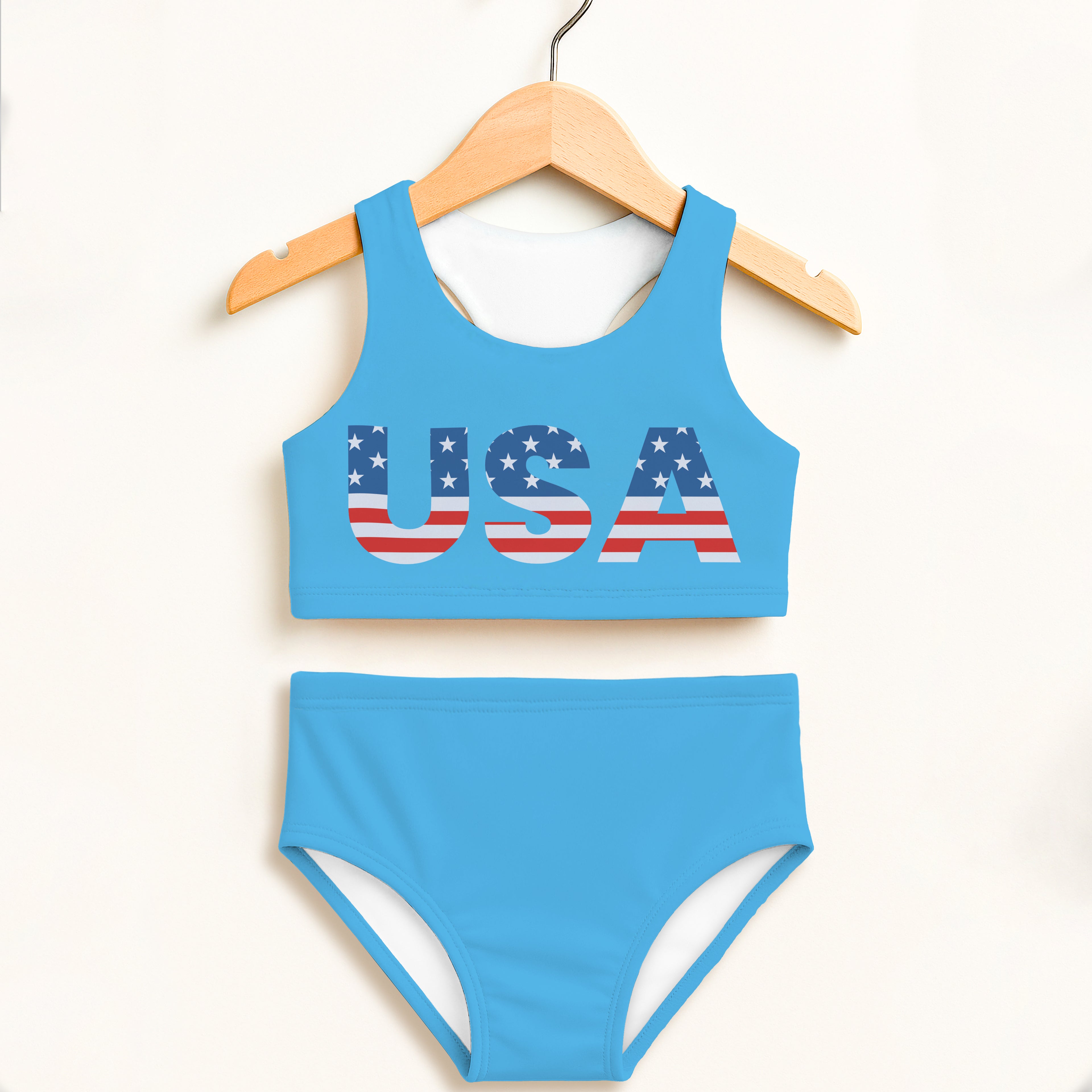 Girls usa two piece swimsuit in light blue with usa flag print top and double layered upf 50+ high waisted comfort