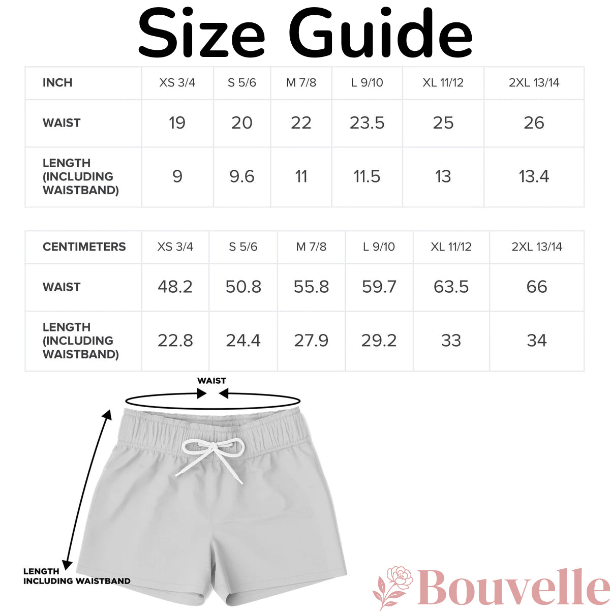Size guide for Boys Blue Snowflake Christmas Quick Drying Swim Trunks