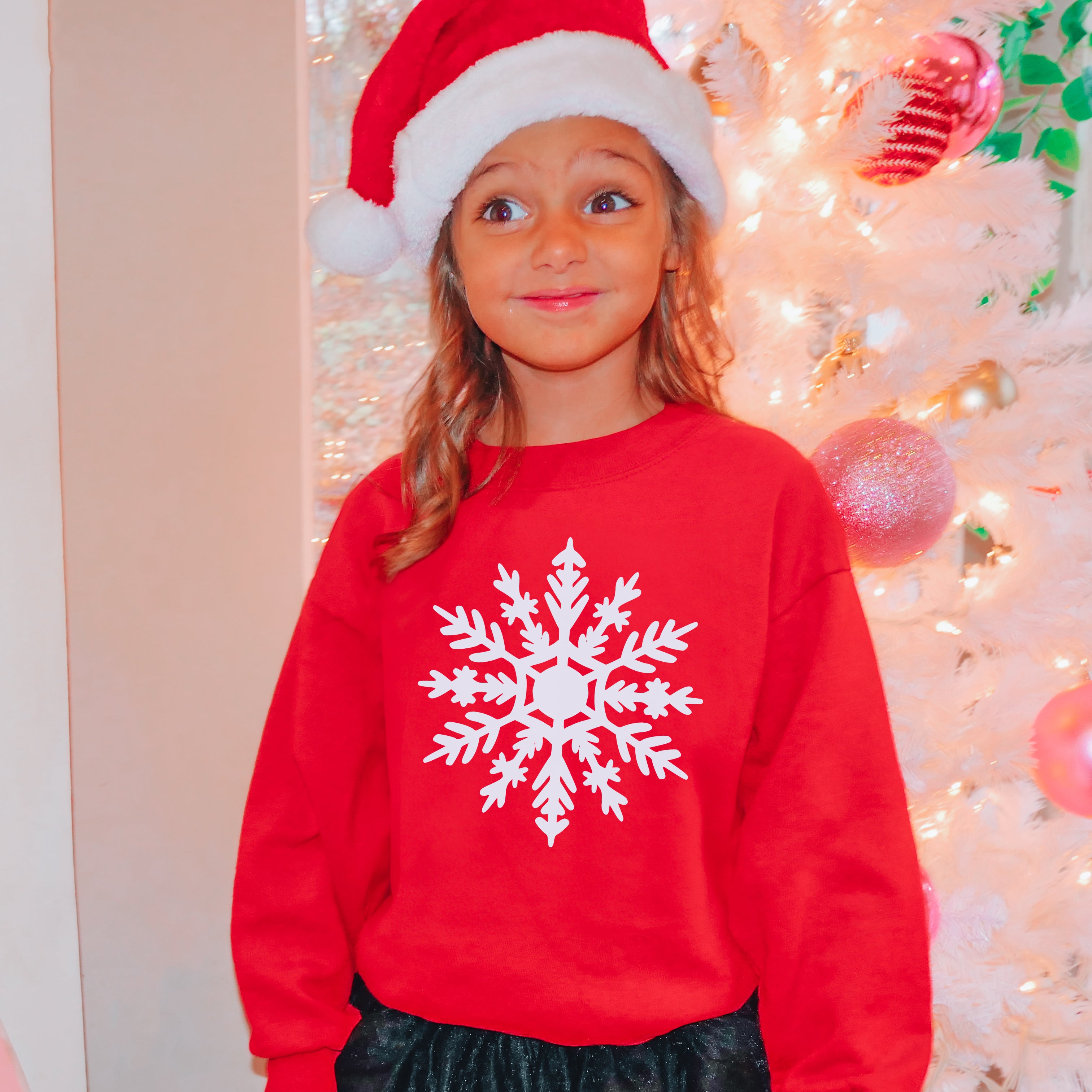 Kids red christmas sweatshirt with white snowflake design soft cotton classic holiday pullover for winter wear