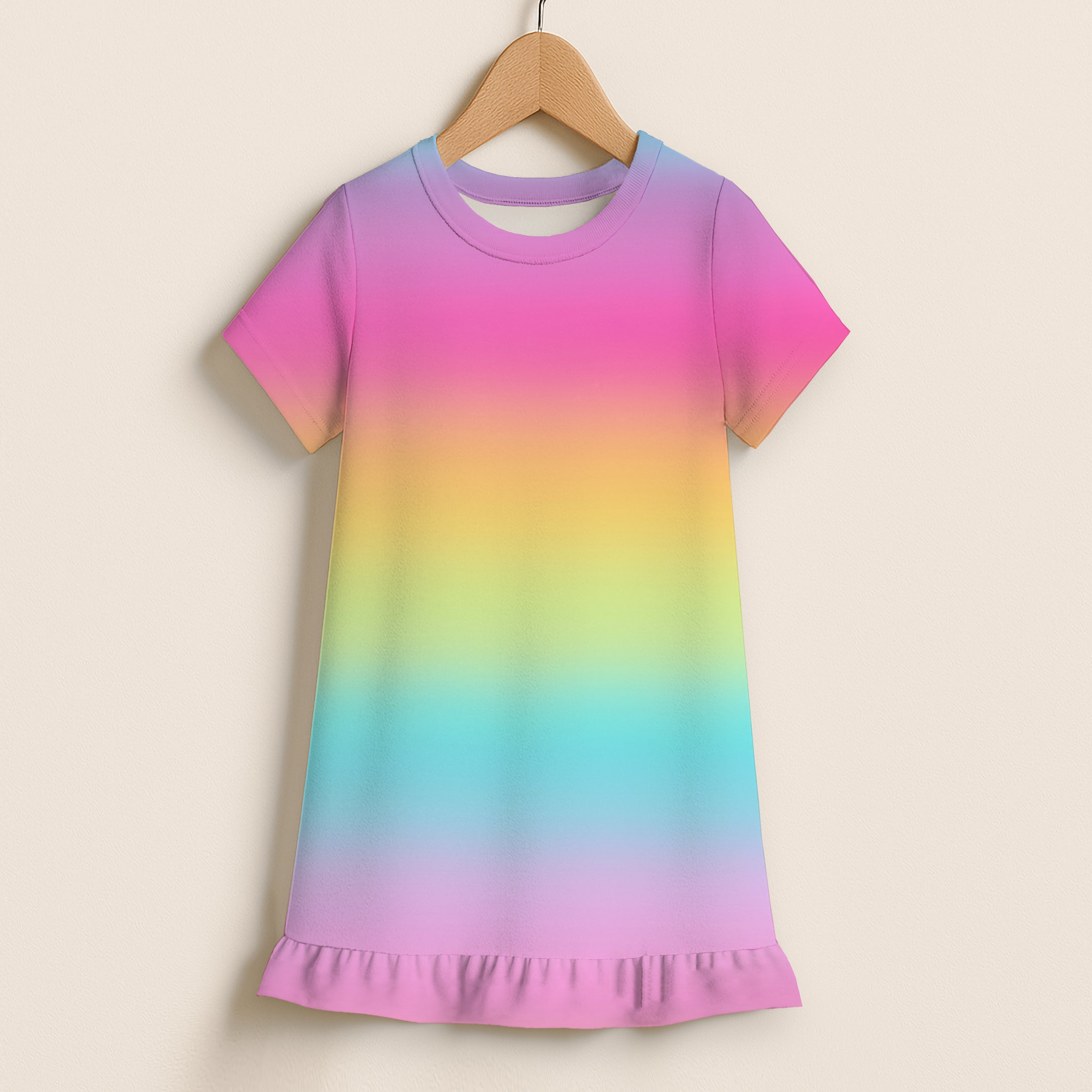 Girls bright striped rainbow short sleeve dress with ruffled hem and round neckline made of soft fabric