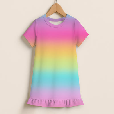 Girls bright striped rainbow short sleeve dress with ruffled hem and round neckline made of soft fabric
