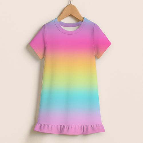 Girls bright striped rainbow short sleeve dress with ruffled hem and round neckline made of soft fabric