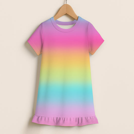 Girls Bright Striped Rainbow Short Sleeve Ruffle Hem Dress