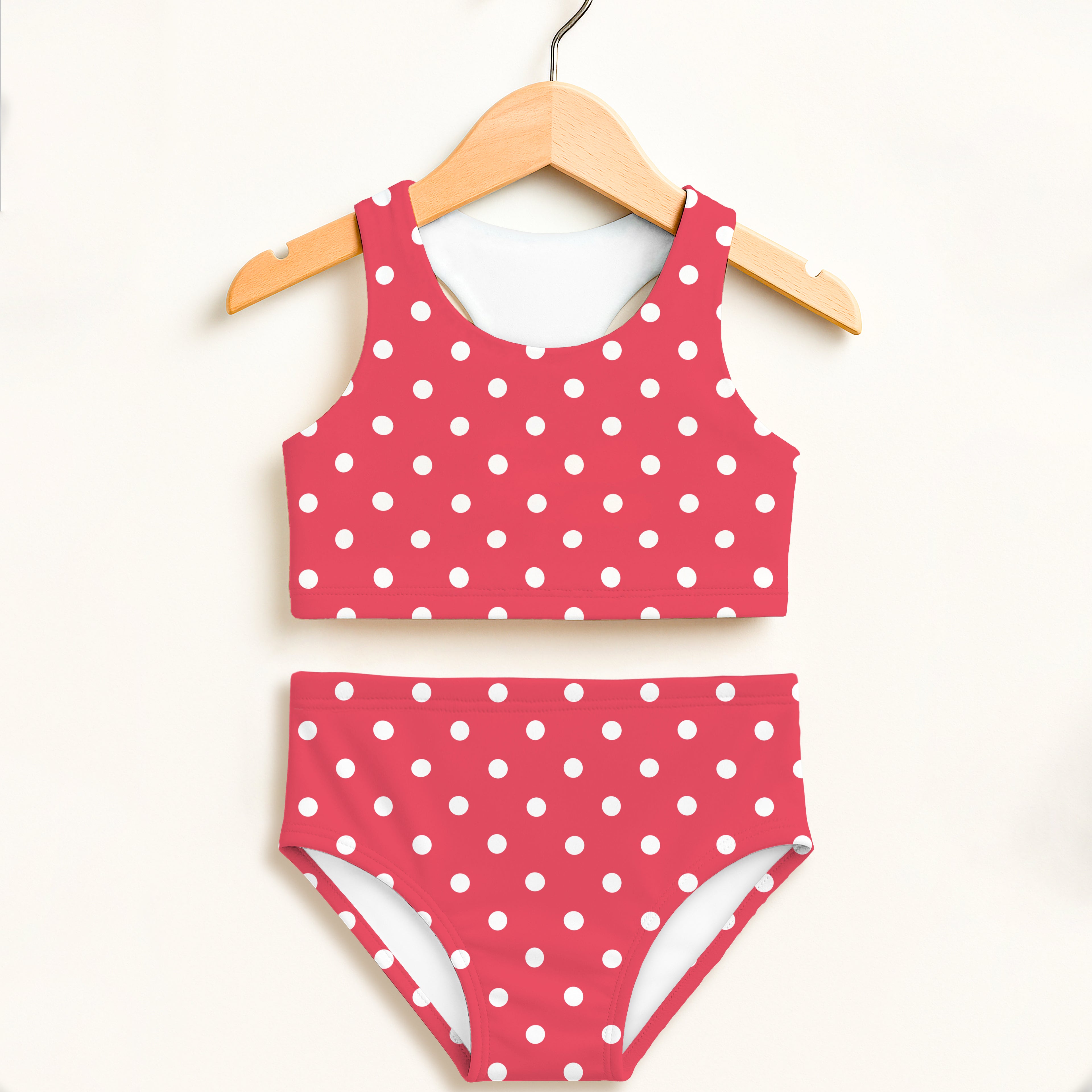 Girls bright pink red polka dot two piece swimsuit with white dots halter neckline double layered upf 50+ high waisted comfort