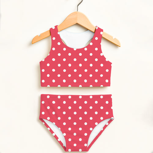 Girls bright pink red polka dot two piece swimsuit with white dots halter neckline double layered upf 50+ high waisted comfort