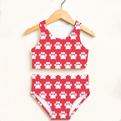 Girls bright pink paw print two piece swimsuit with halter top and high waisted bottoms upf 50 plus comfort