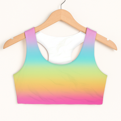 Girls bright rainbow sports bra made of soft stretchy fabric with quick drying and double layered comfort