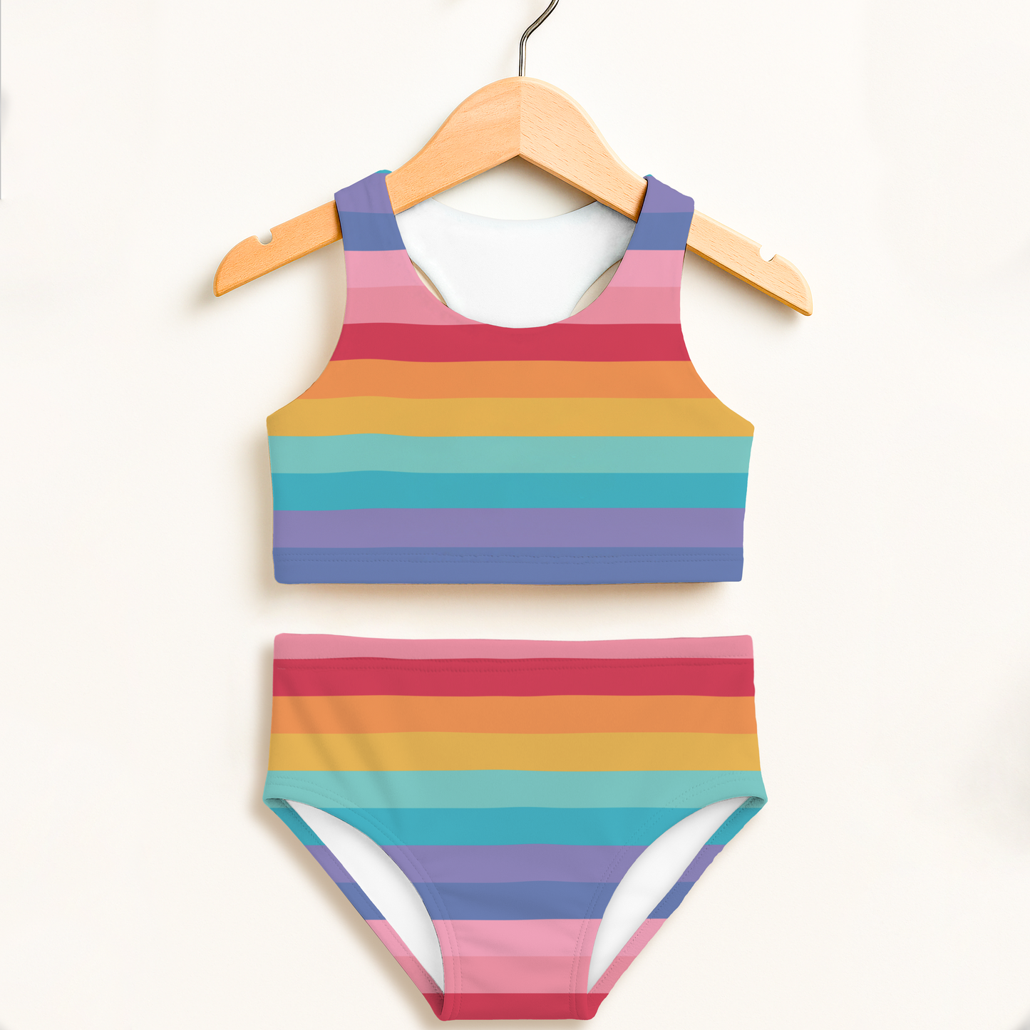 Girls Bright Rainbow Stripes Two Piece Swimsuit – High Waisted, Double Layered Comfort