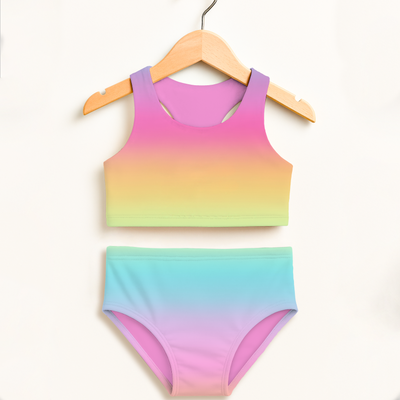 Pastel rainbow gradient girls bright rainbow two piece swimsuit with racerback top high waisted bottoms on wooden hanger