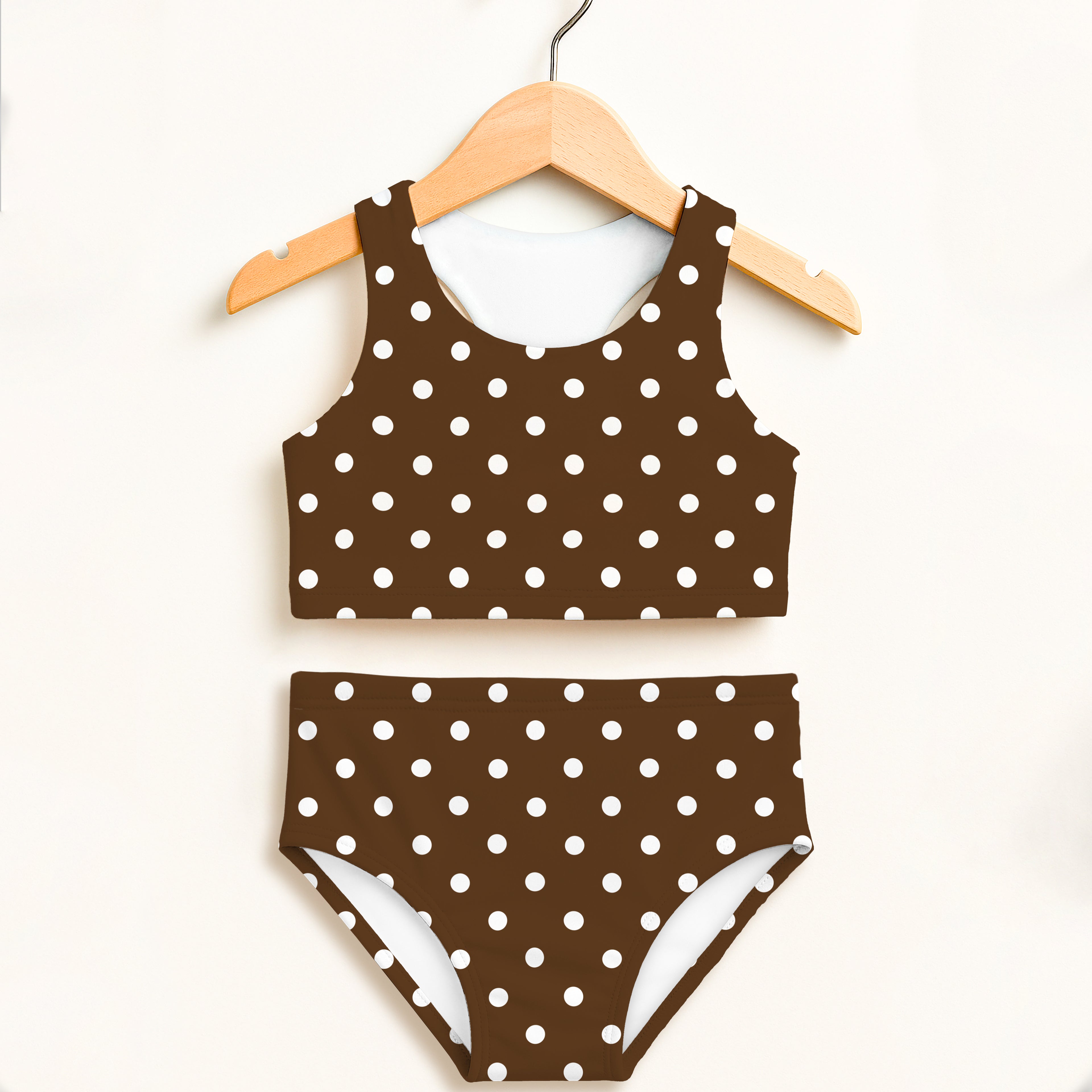 Girls brown polka dot two piece swimsuit with white dots and lining double layered upf 50 plus high waisted comfort