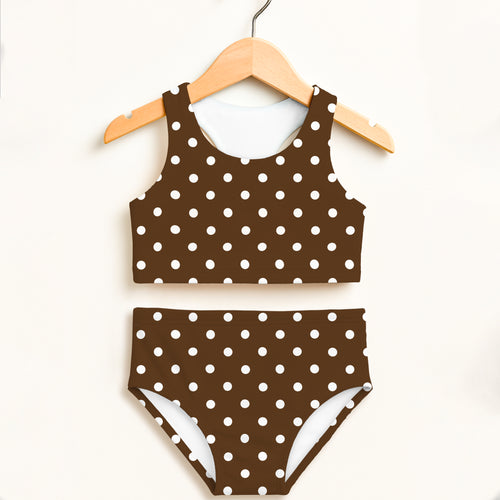 Girls brown polka dot two piece swimsuit with white dots and lining double layered upf 50 plus high waisted comfort