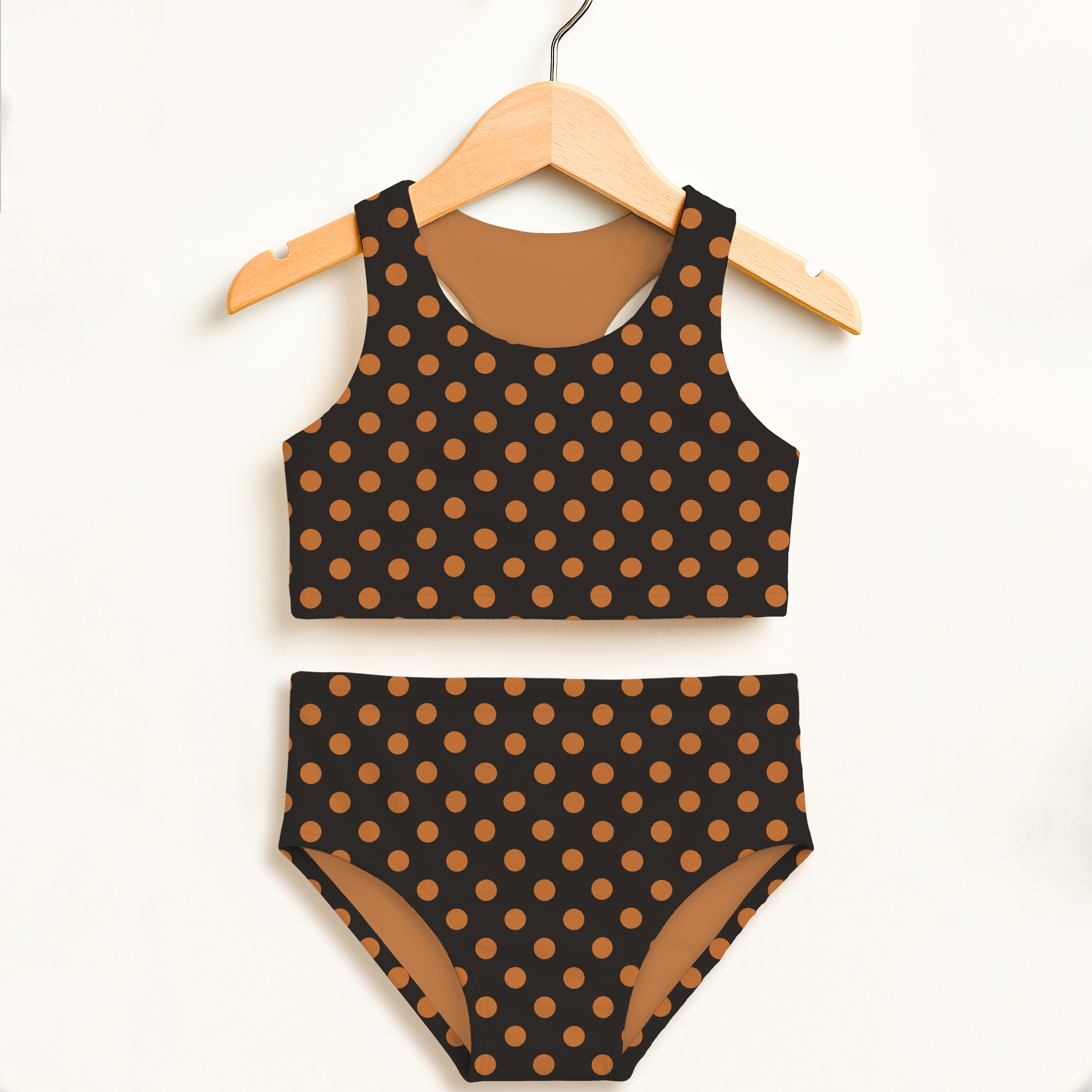 Girls Brown Halloween Polka Dot Two Piece Swimsuit – Double Layered UPF 50+ High Waisted Comfort
