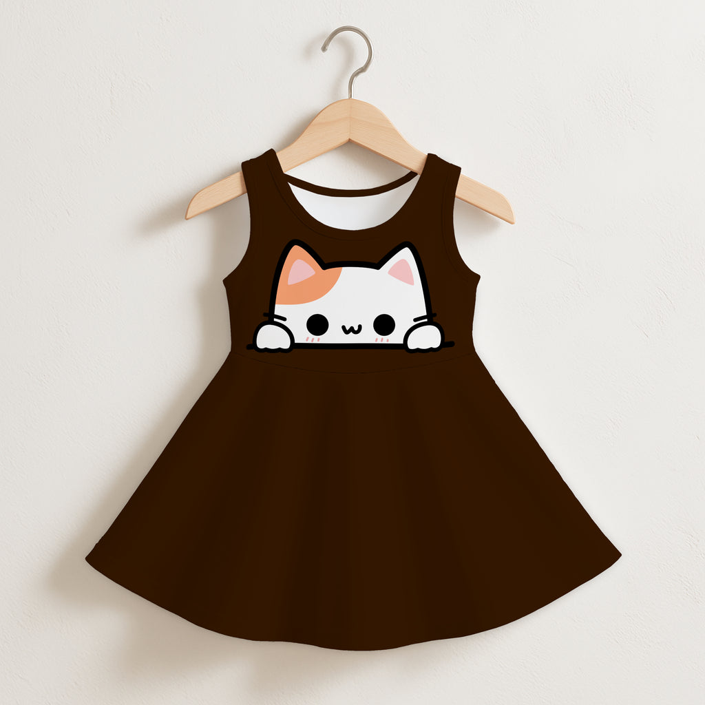 Girls peeking cat sleeveless dress in brown cotton featuring a white cartoon cat design on the front for toddlers
