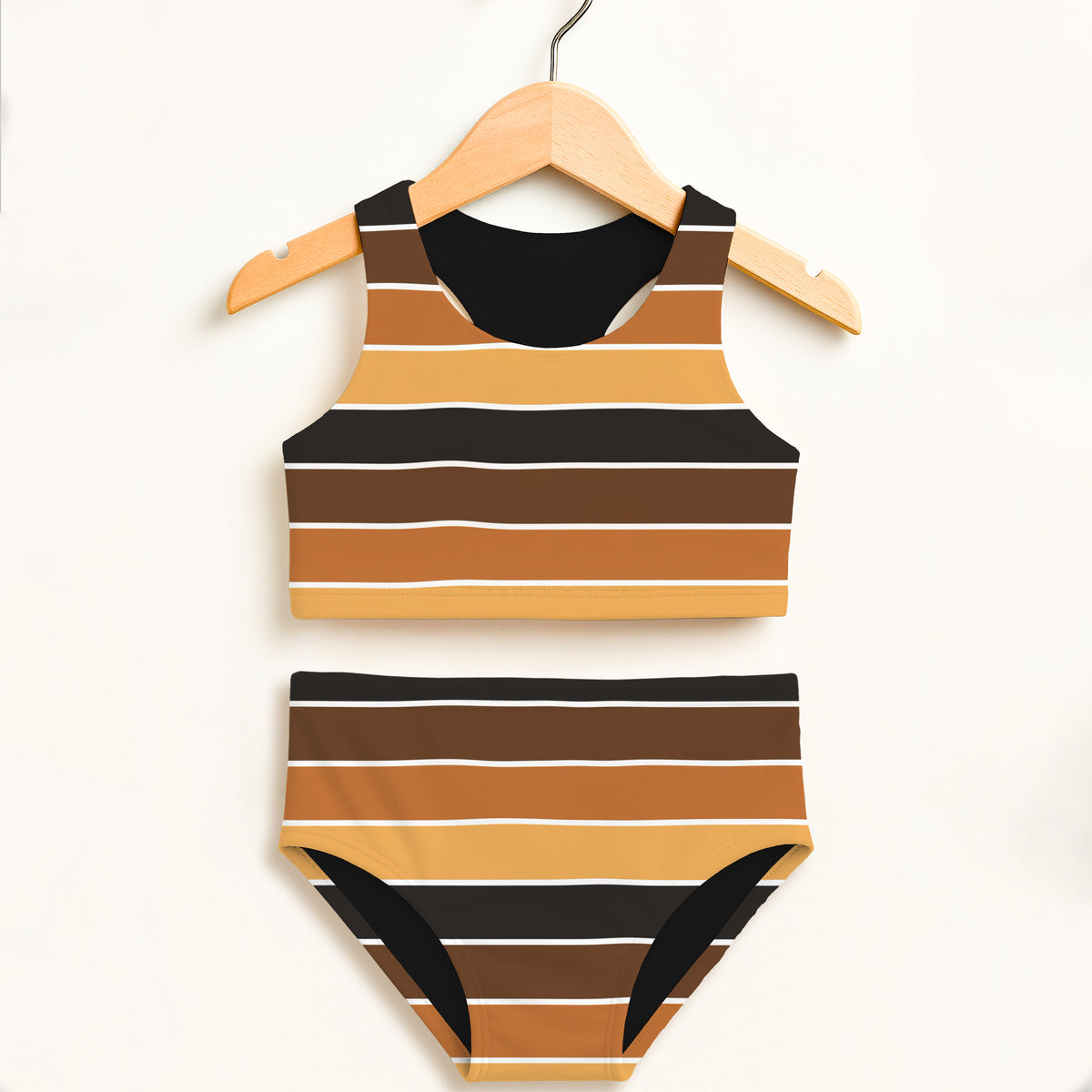 Girls Brown Orange Stripe Two Piece Swimsuit – Double Layered UPF 50+ High Waisted Comfort