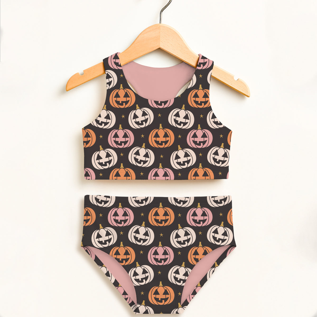 Girls Jack O Lantern Halloween Two Piece Swimsuit – Double Layered UPF 50+ High Waisted Comfort