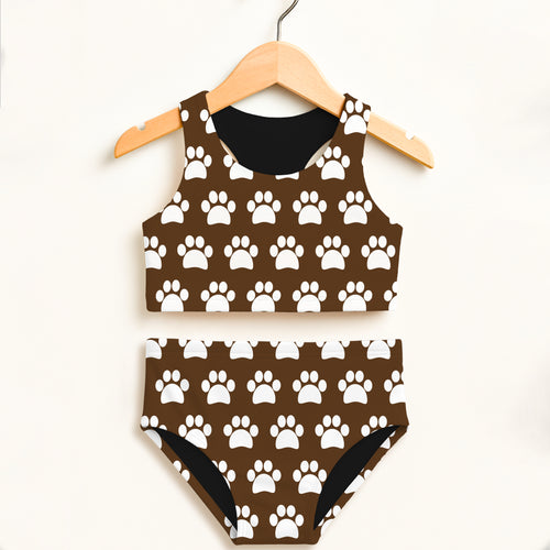 Girls brown paw print two piece swimsuit with black lining halter neckline double layered upf 50 plus high waisted comfort