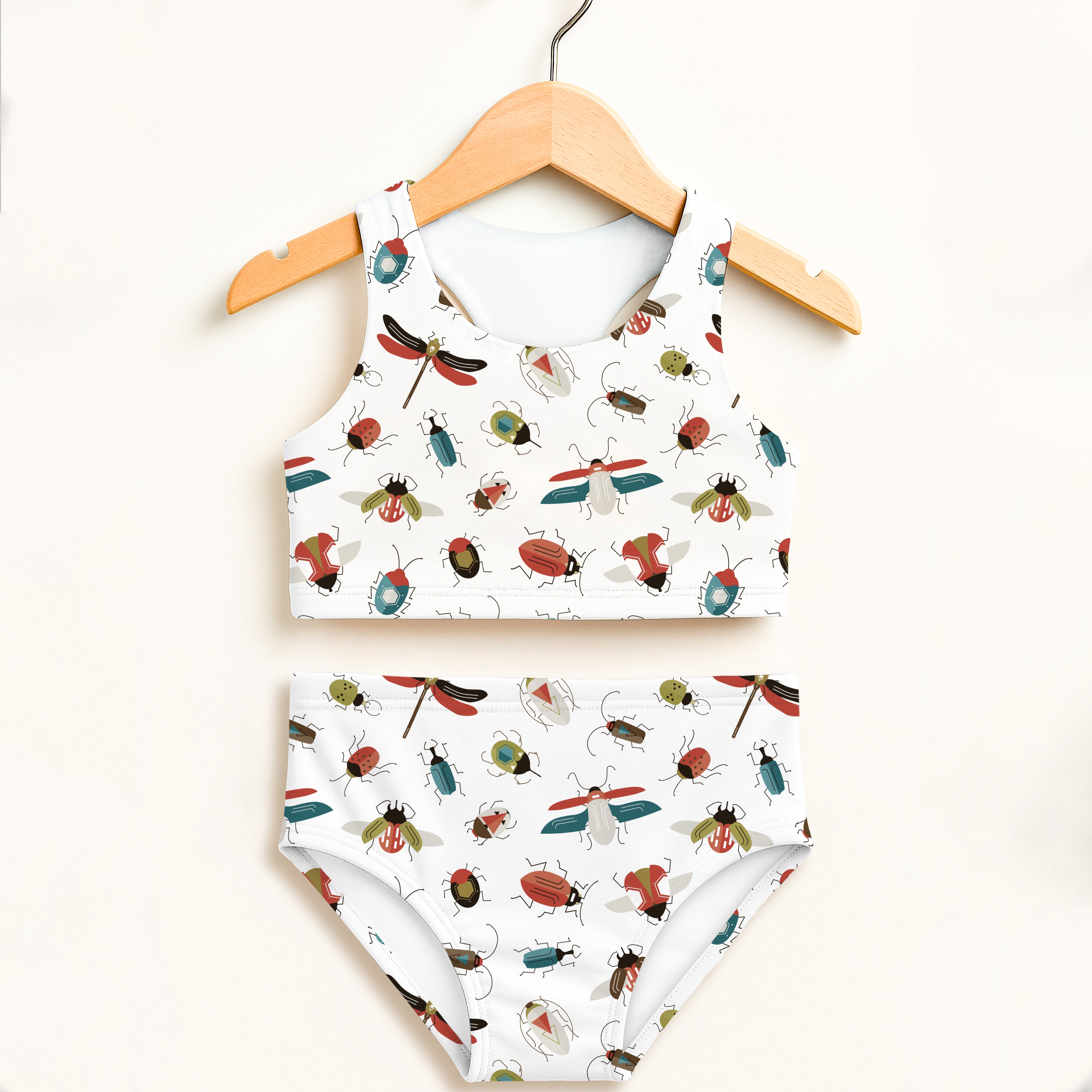 White girls bug two piece swimsuit with colorful cartoon insects and dragonflies high waisted upf 50 plus fabric