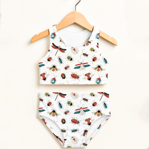 White girls bug two piece swimsuit with colorful cartoon insects and dragonflies high waisted upf 50 plus fabric