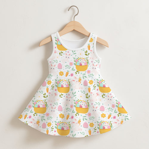 Girls floral Easter bunny sleeveless dress in white with a flared skirt and yellow basket pattern with pastel eggs and carrots