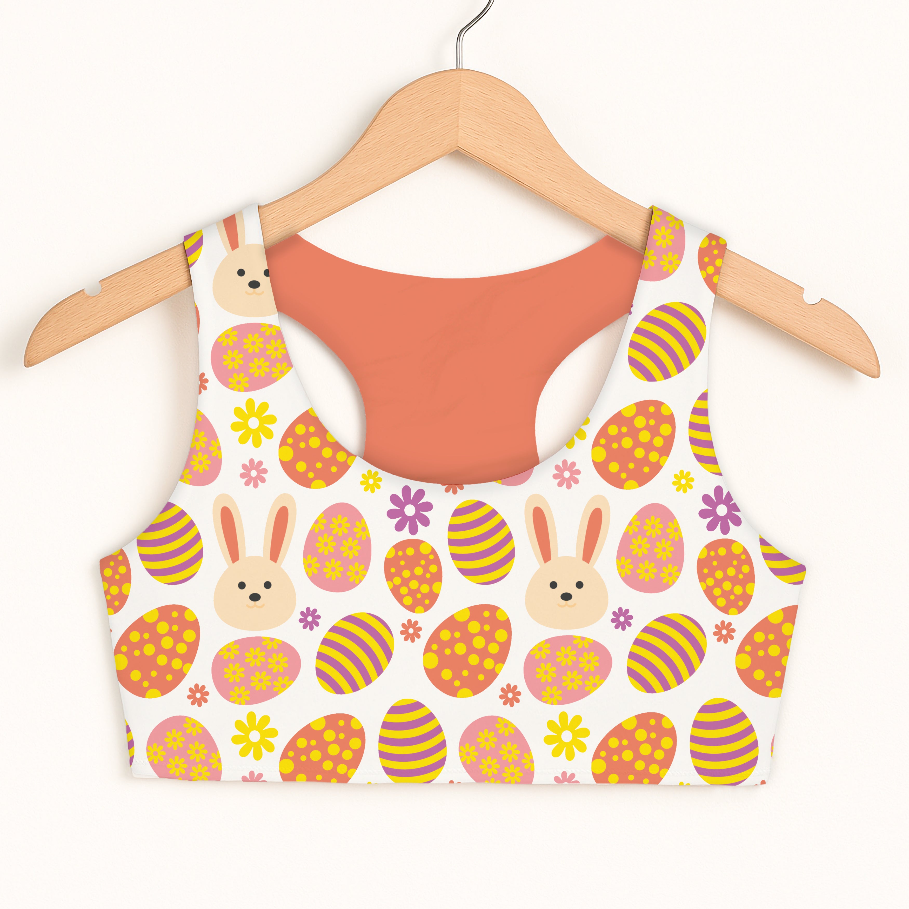 Girls bright Easter bunny sports bra white with playful bunny and colorful egg pattern quick drying double layered comfort